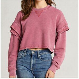 NEW! 7 For All Mankind Berry Cropped Ruffle Sleeve Sweatshirt Medium